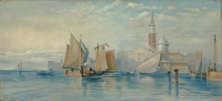 Embarcations sur la lagune de Venise devant la basilique et le campanile San Giorgio Maggiore